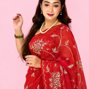 Red Pure Chiffon Saree with Golden zari Embroidery