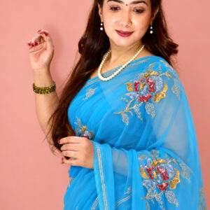 Sky Blue Floral Sequin Embroidered Saree