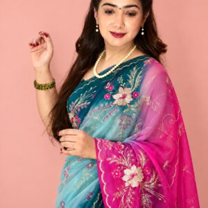 Aqua Pink Ombre Embroidered Chiffon Saree with Golden zari  Work