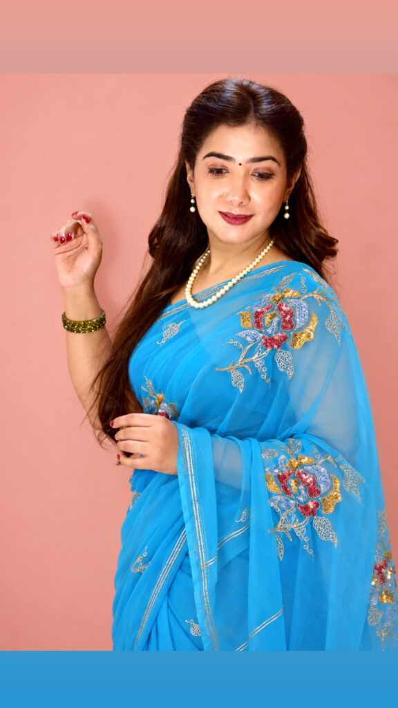 Sky Blue Floral Sequin Embroidered Saree