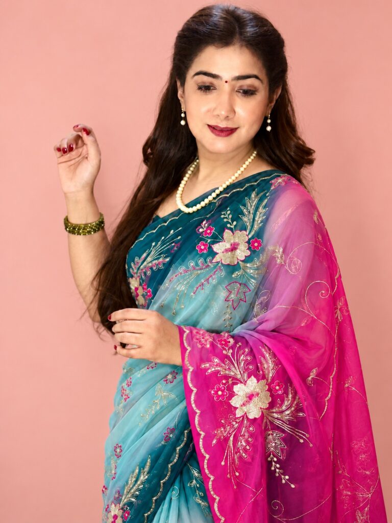 Aqua Pink Ombre Embroidered Chiffon Saree with Golden zari  Work