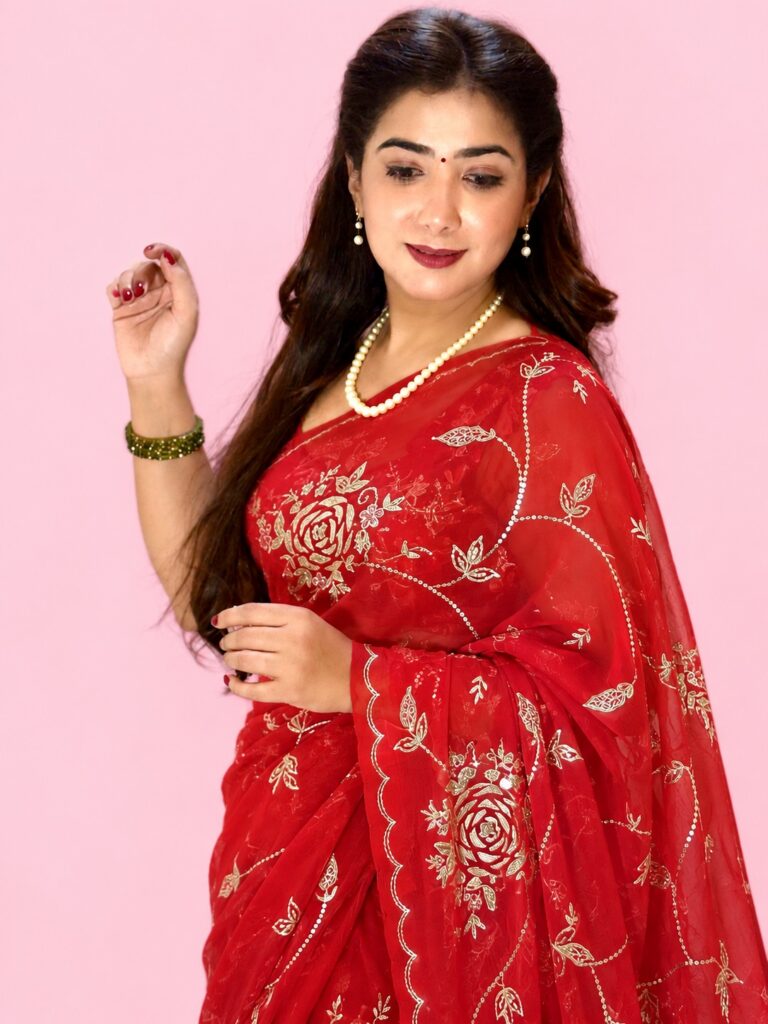 Red Pure Chiffon Saree with Golden zari Embroidery