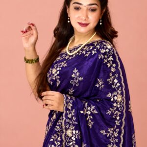 Royal Purple Velvet-Feel Embroidered Saree with Intricate Golden Floral Work