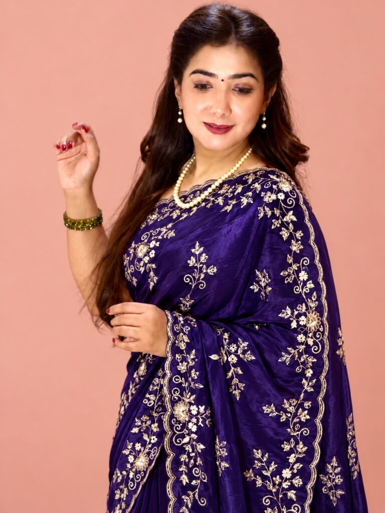 Royal Purple Velvet-Feel Embroidered Saree with Intricate Golden Floral Work