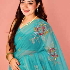 Aqua Blue Floral Sequin Embroidered Saree