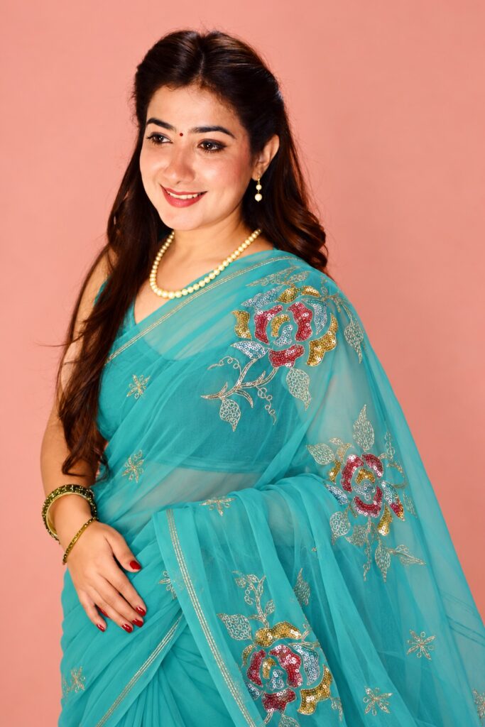 Aqua Blue Floral Sequin Embroidered Saree
