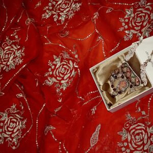 Red Pure Chiffon Saree with Golden zari Embroidery