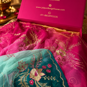 Aqua Pink Ombre Embroidered Chiffon Saree with Golden zari  Work