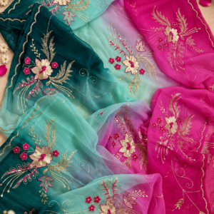 Aqua Pink Ombre Embroidered Chiffon Saree with Golden zari  Work