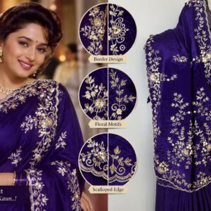 Royal Purple Velvet-Feel Embroidered Saree with Intricate Golden Floral Work