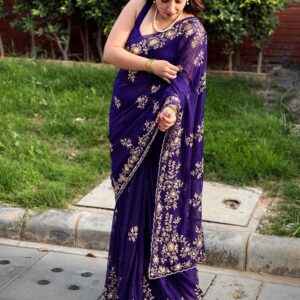 Royal Purple Velvet-Feel Embroidered Saree with Intricate Golden Floral Work