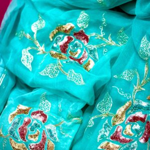 Aqua Blue Floral Sequin Embroidered Saree