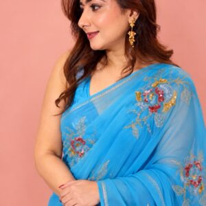 Sky Blue Floral Sequin Embroidered Saree